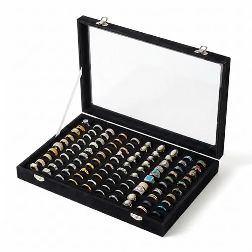 Frebeauty Organizador anillos 100 ranuras, terciopelo, tapa transparente