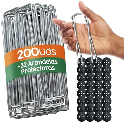 PORTENTUM Grapas Césped Artificial 200 Uds + 32 Arandelas – Piquetas Camping Suelo Duro – Estacas para Tomateras – Grapas Malla Antihierbas – 150 mm Alto – Ancho Ajustable – 3 mm Grosor
