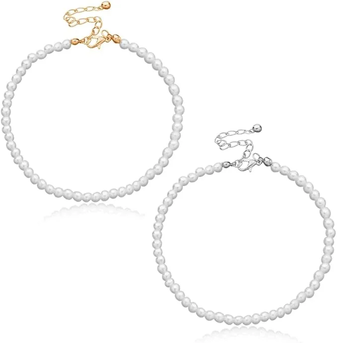 Tobillera de 2 piezas de perlas de imitación Tobillera de perlas redondas Tobillera Boho Ajustable Verano Hawaii Playa Pie Joyas para Mujeres Niñas Oro Plata
