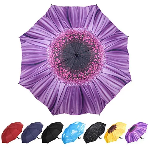 YumSur Paraguas de viaje resistente al viento, ligero, automático, compacto, plegable, diseño de margaritas violetas, toldo reforzado, apertura y cierre automático, para hombres y mujeres