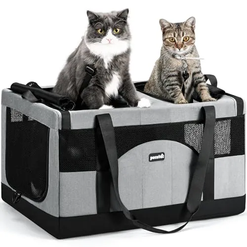 Pecute Transportín para Gatos con Doble Compartimento, ultraestable, Transpirable y Plegable, Ideal para Viajes, mudanzas y visitas al Veterinario, Gris