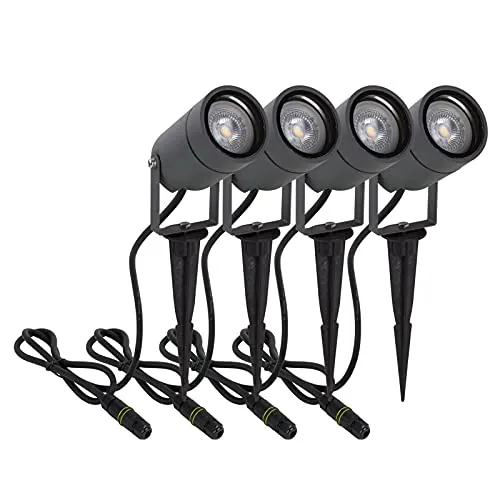 DAWALIGHT Foco Proyector Exterior 4 Piezas, GU10 5W Luces LED Exterior Jardin Suelo con Estaca Blanco Cálido IP65 Impermeable Lámpara para Camino Césped Patio, Aluminio, Gris oscuro