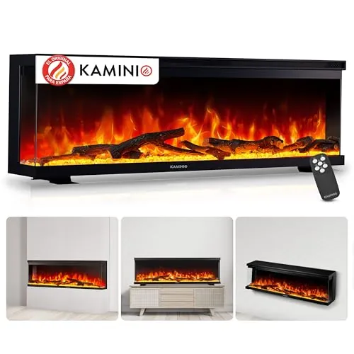 KAMINIO Eléctrica Chimenea Lea - Chimenea eléctrica 3 en 1 con Vista panorámica, calefacción, Efecto de Llama 3D, 12 Colores de Llama (60 Pulgada)