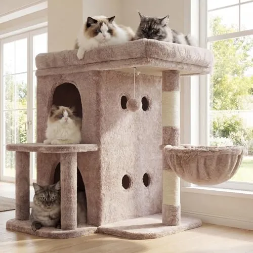 Heybly Árbol para Gatos, 65 cm de Altura, Beige Marrón HCT204SMU | con una Plataforma Superior Extragrande, Cesta para Gatos de Dos Pisos, Rascador de Sisal, Cesta y Juguetes para Gatos