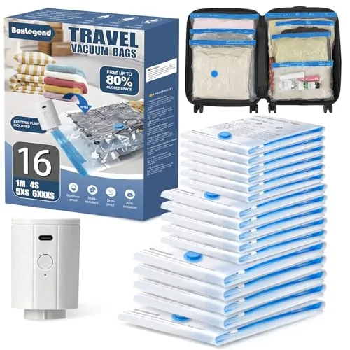 BoxLegend 16PCS Bolsas Vacio Ropa Viaje Bolsas para Guardar Ropa con 1200mAh Bomba USB-1*70x50/4*55x45/5*50x40/6*40x35cm Gruesas e Impermeables, Ideal para Maletas y Mochilas, Ahorre 70% Espacio