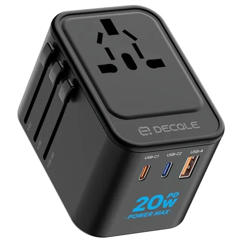 decqle Adaptador Enchufe Universal con 2 USB-C(PD 20W) ＆ 1 USB-A para Viaje