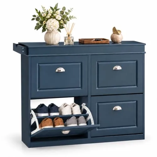 SoBuy Zapatero estrecho, 4 puertas abatibles, 16 pares, 104×24×83 cm, azul | Sus baldas se adaptan a deportivas y botas EU47, con cajón, gancho y fijación antivuelco para tener todo a mano, FSR79-B