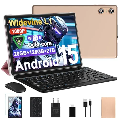 Tablet Android 15 Tablet 10 Pulgadas, 20GB RAM + 128GB ROM (TF 2TB), Octa-Core, Widevine L1, GMS, 5G+2.4G WiFi 6, 5 + 8 MP, 1280 * 800 Pixels, 6000mAh, Bluetooth 5.0, Tableta con Teclado y Raton Oro