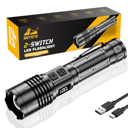 BEYSTE Linternas Led Alta Potencia Recargable 1,000,000 Lúmenes - 1500m | Linterna Potente Con 2 Interruptores, 3 Modos, Zoomable, Aluminio Flashlight Con Clip Para Camping, Senderismo, Emergencia