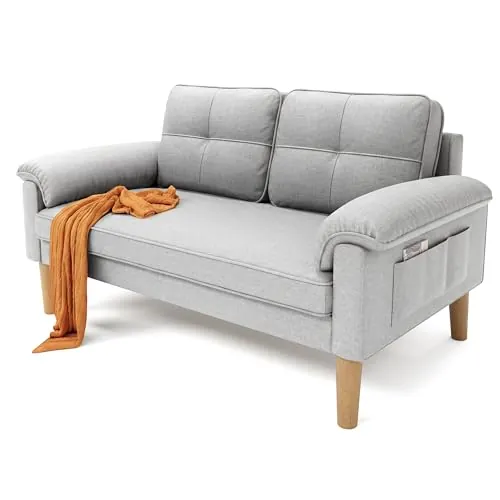 Xbro Sofá 2 Plazas con Reposabrazos y Bolsillo Lateral, Sofá Compacto de Tela para Salón, Apartamento u Oficina, Montaje Fácil, 145 x 77 x 77 cm,Gris Claro