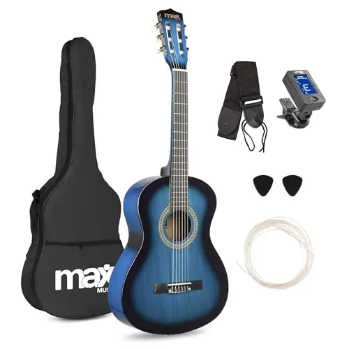 MAX SoloArt Junior - Guitarra acústica clásica color azul tamaño 3/4