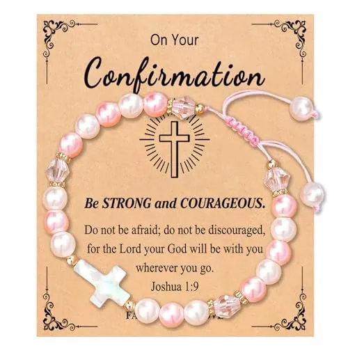 MUU Pulsera de cruz con cuentas de perlas rosas, pulsera ajustable para niñas, regalo de confirmación para niñas con tarjeta de mensaje