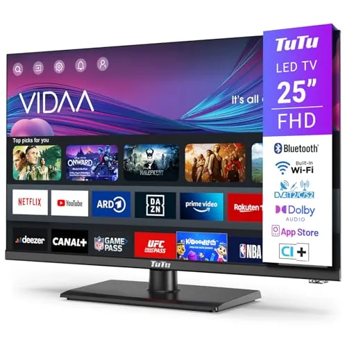 TuTu TUV25FQ1BC Smart TV 25 Pulgadas, Full HD Televisor con LED Pantalla, WLAN, Bluetooth, App Store, Sintonizador Digital, Prime Video, Netflix, Youtube, DAZN, Disney+, Pluto TV y Más