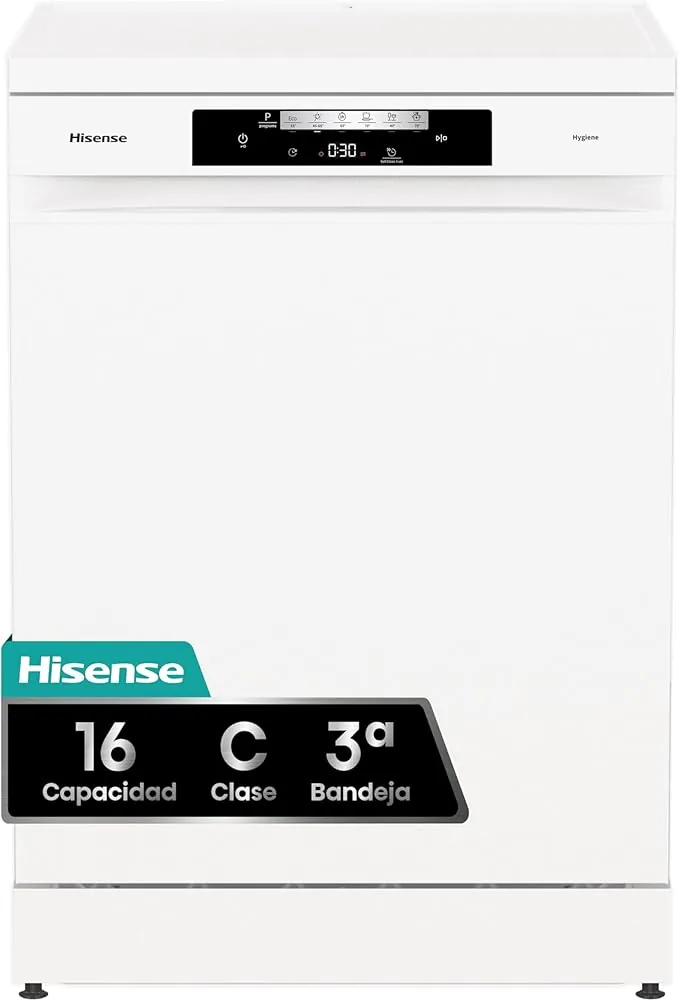 Hisense HS643C90W - Lavavajillas de Libre Instalación, Clase C, Capacidad 16 Servicios, Alto 84.5cm x Ancho 59.9cm, Blanco, Secado Automático, Programas Automáticos, Tercera Bandeja, 15' Lavado Rápido