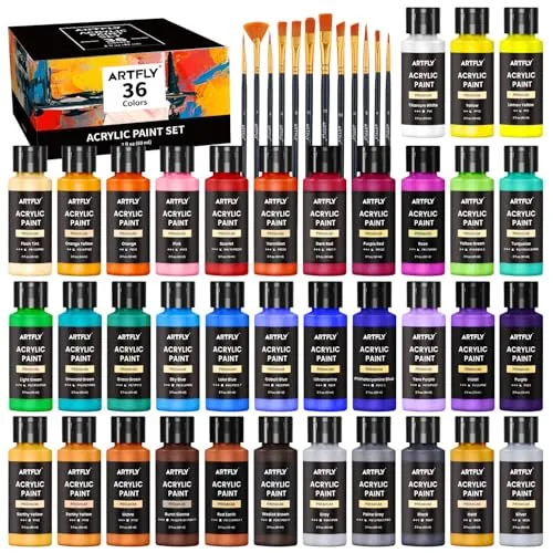 ARTFLY Pinturas Acrilicas, 36 Colores × 60ml con 12 Pinceles, No Tóxico, Impermeable, Kit de Pinturas Acrilicas para Tela Lienzo Piedra Madera, Acrilicos para Pintar para Artistas, Principiantes