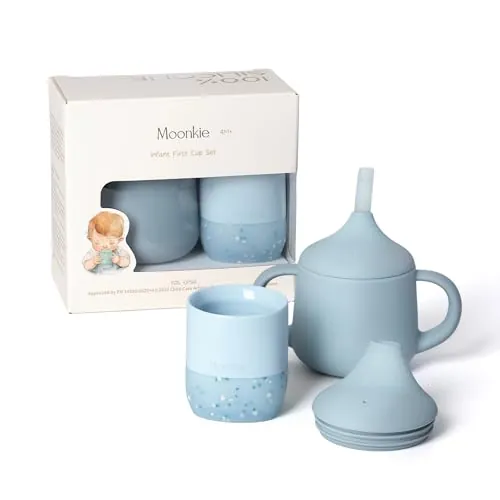 Moonkie Vaso Aprendizaje Bebe, Juego de Taza Silicona 60 ml & Vaso Antiderrame de 3 Etapas 120 ml, Vaso Agua Bebe 4 Meses +, sin BPA, 6~12 Meses, Apto para Lavavajillas(Juego de Éter)