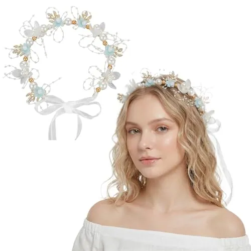 BDEPSTR Corona de Flores Azul para Niña, Diadema Floral Elegante para Primera Comunión, Boda y Bautizo, Accesorio para Sesión de Fotos y Fiestas Infantiles, 1 Pieza