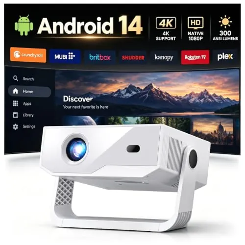 ZDK Último Proyector Portátil 2026, Apps Integradas, 300 ANSI, Android TV,WiFi6 + BT 5.4, Enfoque Eléctrico, Soporta 4K/1080P, Rotación de 270°, Compatible con múltiples Dispositivos (Blanco-Gris)