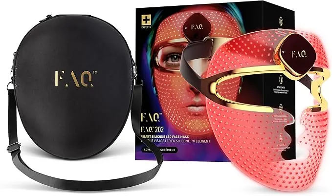 FAQ 202 Máscara facial LED inalámbrica con estuche de viaje - Cuidado antiedad con 8 ajustes - 600 puntos de luz para el tratamiento dirigido y el cuidado facial - Pack de viaje, ligero y duradero