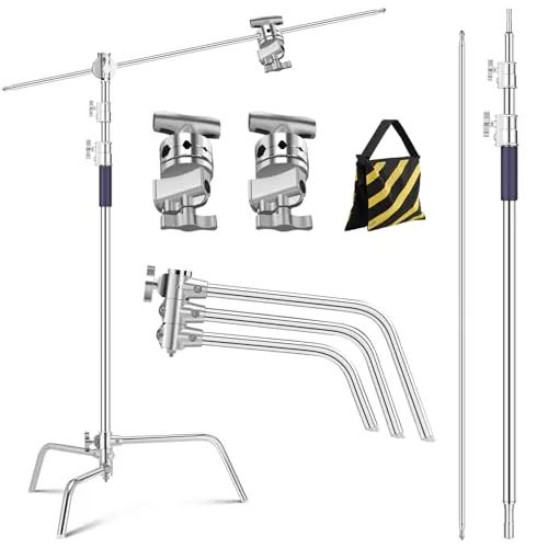K&F CONCEPT Soporte C 330cm Acero Inoxidable para Estudio | Brazo de pluma ajustable, 2 cabezales mango, carga 20kg, trípode luz fotografía, con sandbag, TL05