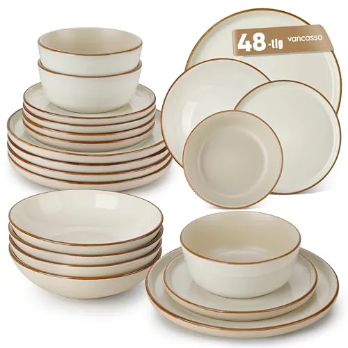 Vajilla de 12 piezas, vancasso Reno 48 piezas de gres, juego de platos modernos, servicio de mesa con plato para comidas, plato para sopa, plato de postre, cuencos, vajilla apta para lavavajillas y