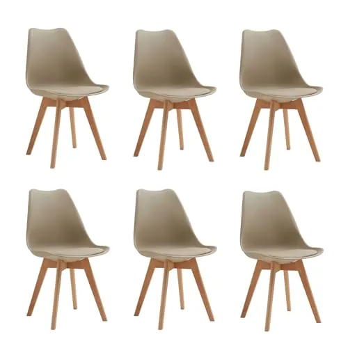 DEYARNA HOME Pack 6 Sillas de Comedor Nordicas, Sillas de Cocina con Cuero Tapizado Cojín y Patas de Madera de Haya, para Comedor, Salón, Dormitorio, Cocina (Marrón)