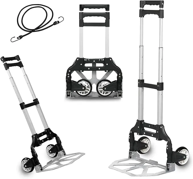 MERCURY TEXTIL- Carretilla Plegable de Aluminio con Cuerda, Carro de Mano Compacto, Portátil con Ruedas de Goma Soporta hasta 70kg para un Fácil Transporte en Viajes, Oficina y Hogar. (Negro)