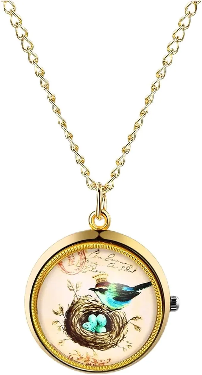 OIDEA Reloj de Bolsillo Giratorio para Mujer de Cuarzo Analógico con Decoración de Pájaros Escala de Números Arábigos y Cadena Para Uso Diario Colecciones y Regalo