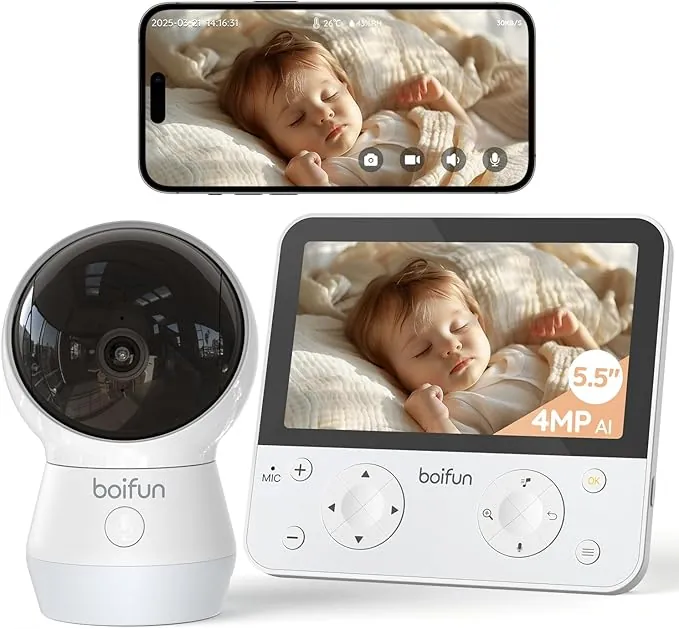 BOIFUN 5.5" 2.5K/4MP Cámara Vigilancia Bebé con WiFi y App, IA Alerta de Cara Tapada y Sueño Seguro, 360° Seguimiento Automático, Visión Nocturna Invisible, Audio Bidireccional y Luz Nocturna Infantil