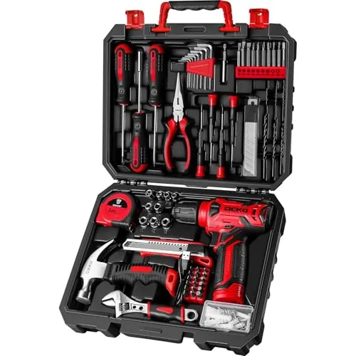 DEKO Caja Herramientas Completa con Destornillador Electrico/Taladro con bateria de 8V, Maletin de 126 Piezas, Caja profesional de herramientas Domésticas de Bricolaje para Oficinas y Jardín,Rojo