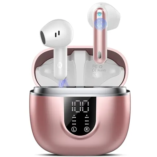 Auriculares Inalámbricos Bluetooth, Auriculares Bluetooth 5.4 HiFi Estéreo, 45H Cascos Inalambricos Bluetooth con ENC Reducción de Ruido, Pantalla LED, Control Táctil, USB-C, IP7 Impermeable Oro Rosa