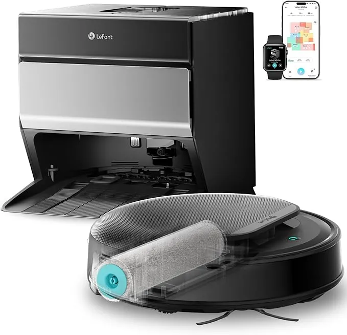 Lefant M5 Pro Robot Aspirador y Fregasuelos con Base de Autovaciado, 18000 Pa, 120 Días Autolimpieza, Autovaciado 3,2L, Lavado 75℃, Navegación Láser dToF, WiFi 5G/App/Alexa, Plateado