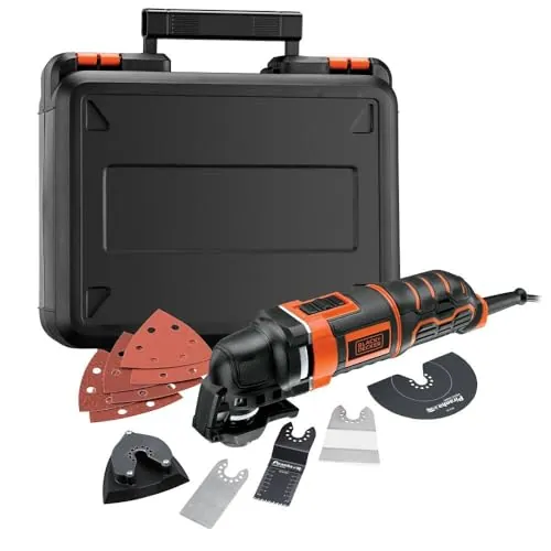 BLACK+DECKER Multiherramienta Oscilante 300 W con 5 Acoplamientos, 6 Hojas de Lija y Maletín, Negro/Naranja, 230 V, MT300KA-QS