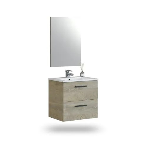 duehome | Mueble de Baño con 2 Cajones y Espejo, Modulo Lavabo, Modelo Sense, Acabado en Roble Alaska, Medidas: 60 cm (Ancho) x 57 cm (Alto) x 45 cm (Fondo)