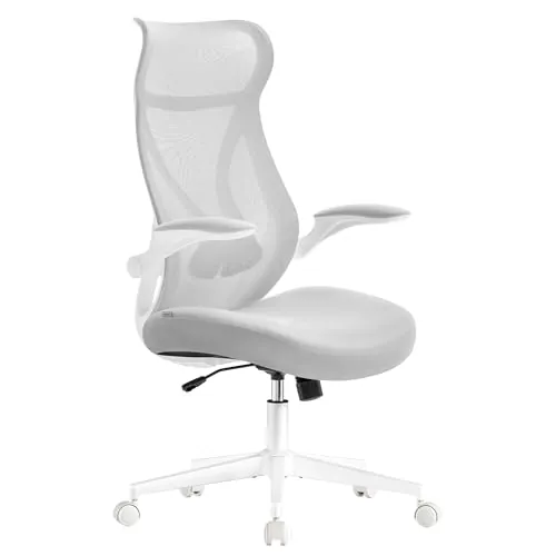 SONGMICS Silla de Oficina Ergonómica, Altura Ajustable, Respaldo Ergonómico, Giratoria con Reposacabezas, Reposabrazos Abatibles, Carga de 150 kg, Gris Paloma OBN088GD01
