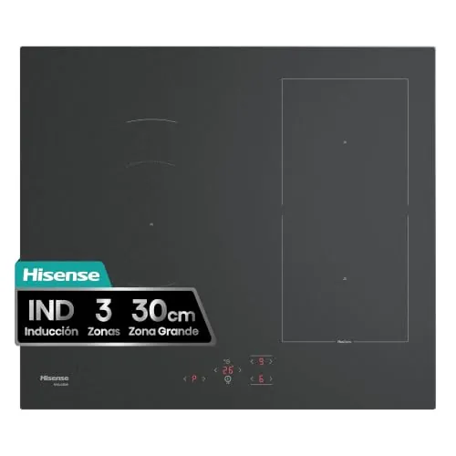 Hisense HI6321MSC - Placa Inducción 4 Zonas, 7360W, Fondo 52cm, Hervir Rápido, Zona Grande 28cm, Temporizador, Bloqueo Infantil, Indicador Calor Residual, Color Negro Mate