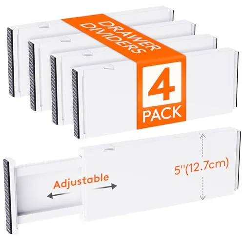Lifewit Divisores de Cajones de 34-50cm Ajustable, Altura 12.7cm, Organizador Armario para Ropa/Utensilios/Maquillaje, Blanco Separador para Cocina/Escritorio/Tocador Almacenamiento, 4 Paquetes