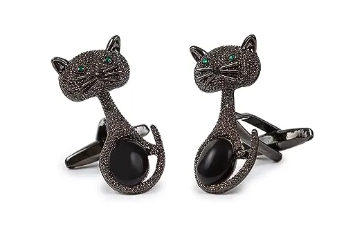 Gemelolandia | Gemelos de Camisa Gato Negro con Ojos Brillantes y Piedra Negra - Tamaño 15 x 35 mm Gemelos Originales Para Camisas