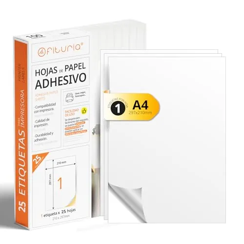 Etiquetas Adhesivas Blancas, Crea tus Pegatinas Personalizadas para cualquier Superficie, Papel A4 Adhesivo Seguro, Etiqueta Adhesiva para Imprimir - Ofituria (1 por hoja, 25h)