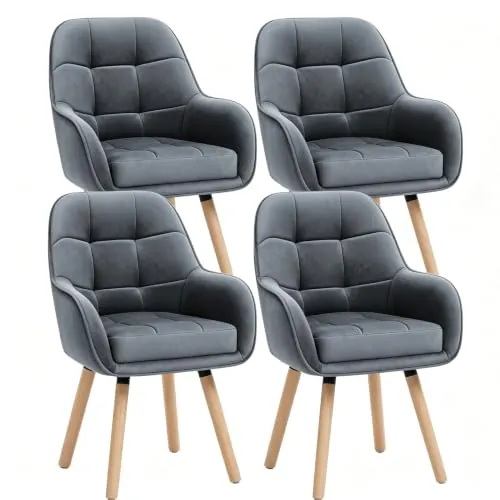 ELUCHANG Silla de Comedor Pack 4, 10cm Grosor Sillones con Reposabrazos Altos, Base Metálica & Patas Madera, Carga Máx.150KG, Gris Terciopelo Silla para Cocina, Salón, Dormitorio