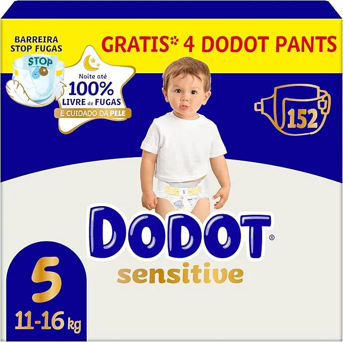 Dodot Pañales Bebé Sensitive Talla 5 (11-16 kg), 152 Pañales + 4 Pants de Regalo, Hasta 12 h De Protección Antifugas y Cuidado de la Piel, Pack Mensual