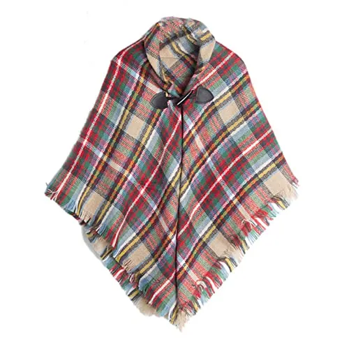 Proumhang Bufanda de tartán para niñas con hebilla de cuerno, abrigo a cuadros, chal de poncho para niños, bufandas cálidas de otoño e invierno, pañuelo en la cabeza, talla única,Camel