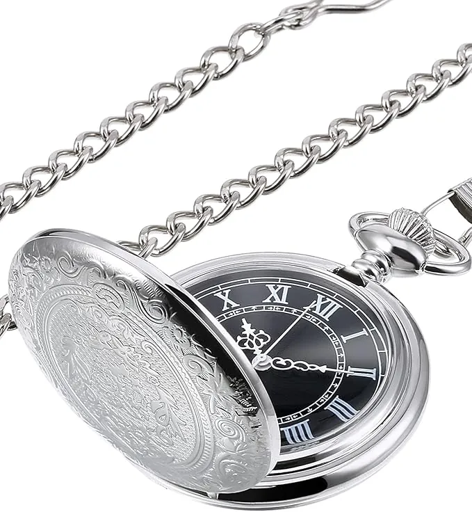 Reloj de bolsillo de cuarzo para hombre con esfera negra y cadena