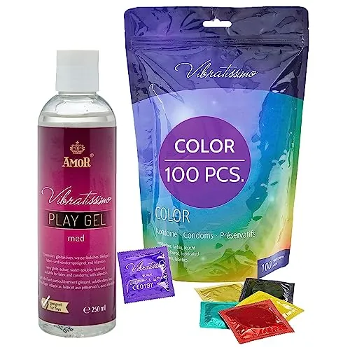 VIBRATISSIMO Condones Color paquete de 100 y lubricante 250 ml | sensitivos y extra húmedos | preservativos de colores | multicolor de rojo, negro, amarillo, verde, dorado