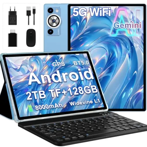 2027 Último Tablet Android Gemini AI Tablet 10 Pulgadas, 30GB RAM+128GB ROM/TF 2TB, Octa-Core 2.0GHz, 8000mAh, 5G WiFi, GMS Tablets Widevine L1 FHD, 8+5MP, BT 5.0, Funda, Teclado y Ratón - Azul