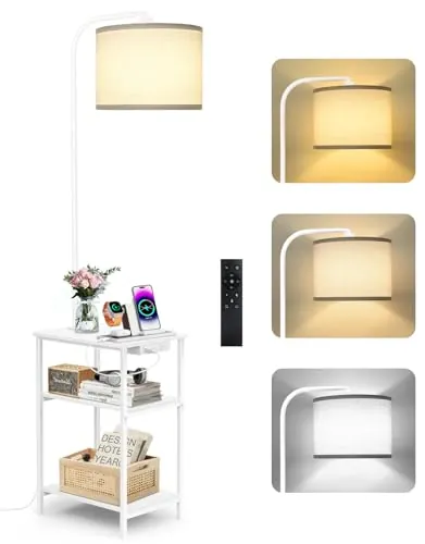 OUTONLIFE Lámpara de Pie con Mesa y Estante, LED Regulable con Mando, 3 Temperaturas de Color, Mesa Auxiliar con Carga USB y Almacenamiento para Salón