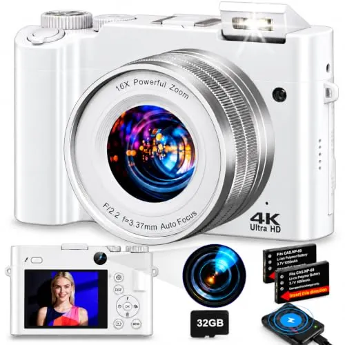 Cámara Digital 4K 64 MP, Cámara Compacta con Autofoco y Zoom 16x Blanco | doble cámara, zoom digital 16x, tarjeta de memoria 32 GB, 2 baterías y cargador, para principiantes y adolescentes