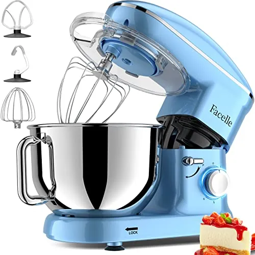 Batidora Amasadora 1500W, Facelle Amasadora de Pan Repostería Multifunción Tazón de Acero Inoxidable de 6,2LGancho para Masa,Batidor Plano, Batidor,Protector de Salpicaduras(Azul)