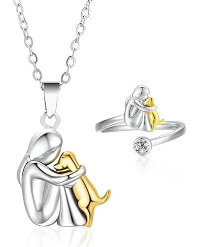 FUGLUS Collar de perro,Collar de abrazo de perro y niña, colgante de plata de ley 925 con forma de animal, para niñas, hijas, madres y amigas,Regalo para amantes de los perros