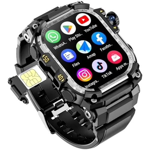 Mingtawn Reloj inteligente Android con tarjeta SIM 4G con GPS y wifi, reloj militar para hombre, descarga de aplicaciones, pantalla grande AMOLED de 2,06 pulgadas para videochat, cámara HD con